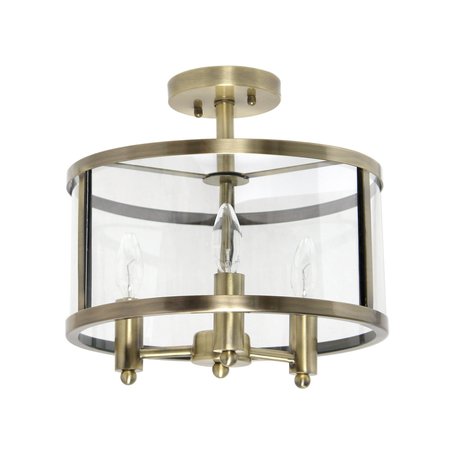 LALIA HOME 3-Light 13" Industrial Farmhouse Glass and Metallic Accented Semi-flushmount, Antique Brass LHM-1000-AB